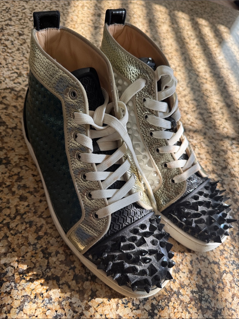 Christian Louboutin Metallic and Black Spiked High-Top Sneakers